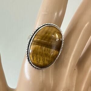 Tiger eye, gemstone ring stamped 925 silver overlay adjustable